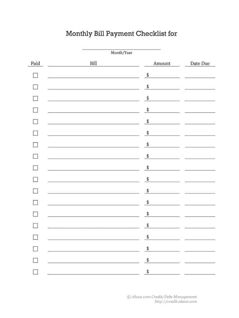 Monthly Bill Free Printable Bill Payment Checklist