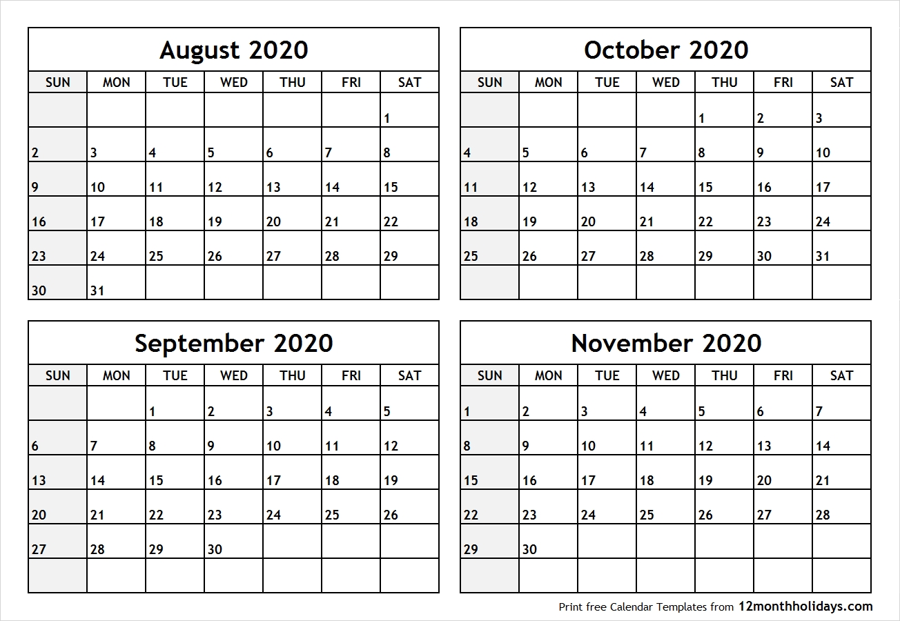 Print Four Month August September October November 2020 Calendar  Calendar August To December 2020