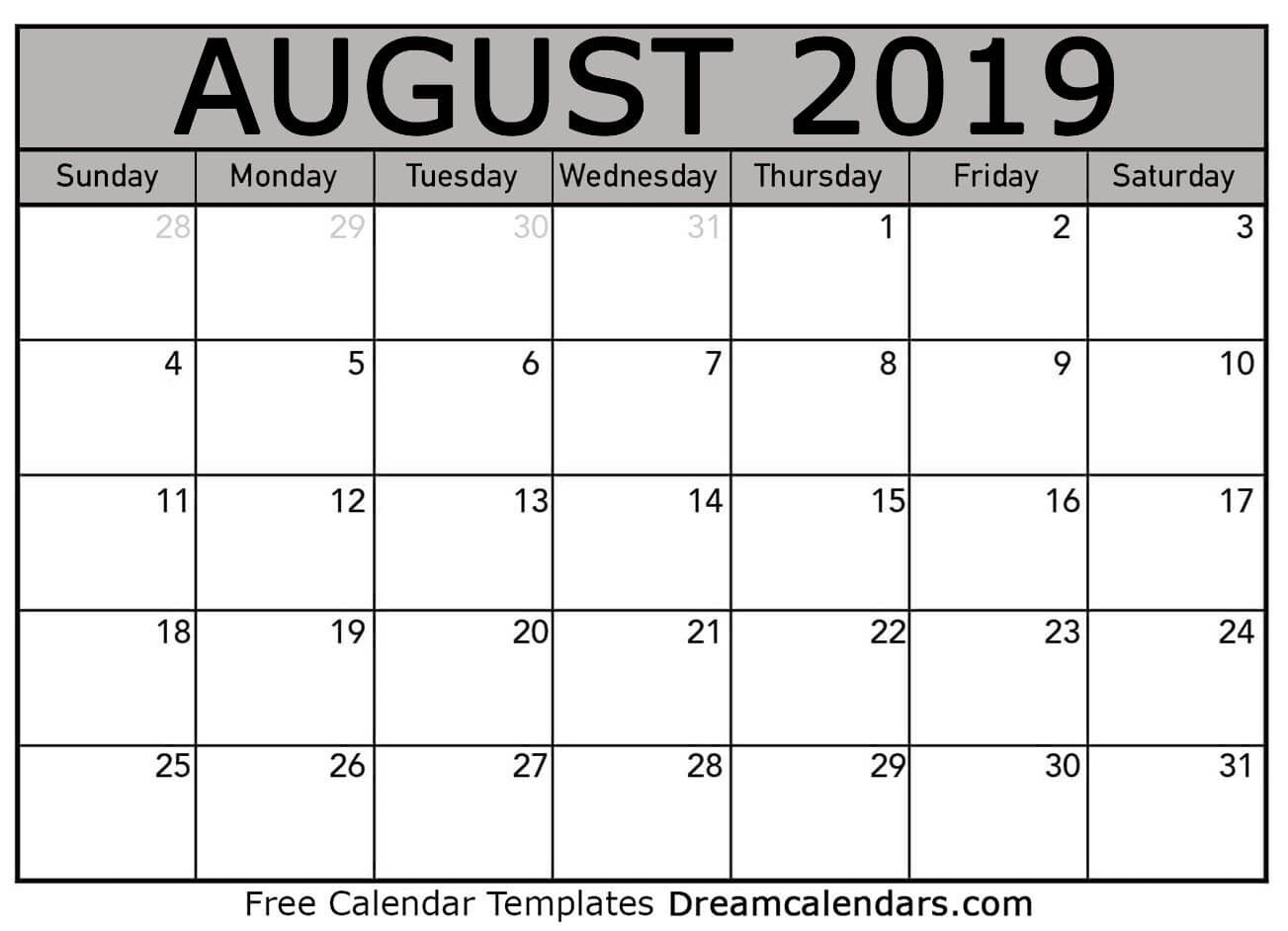Printable August 2019 Calendar  Monthly Calendar August  2020 8 X 11