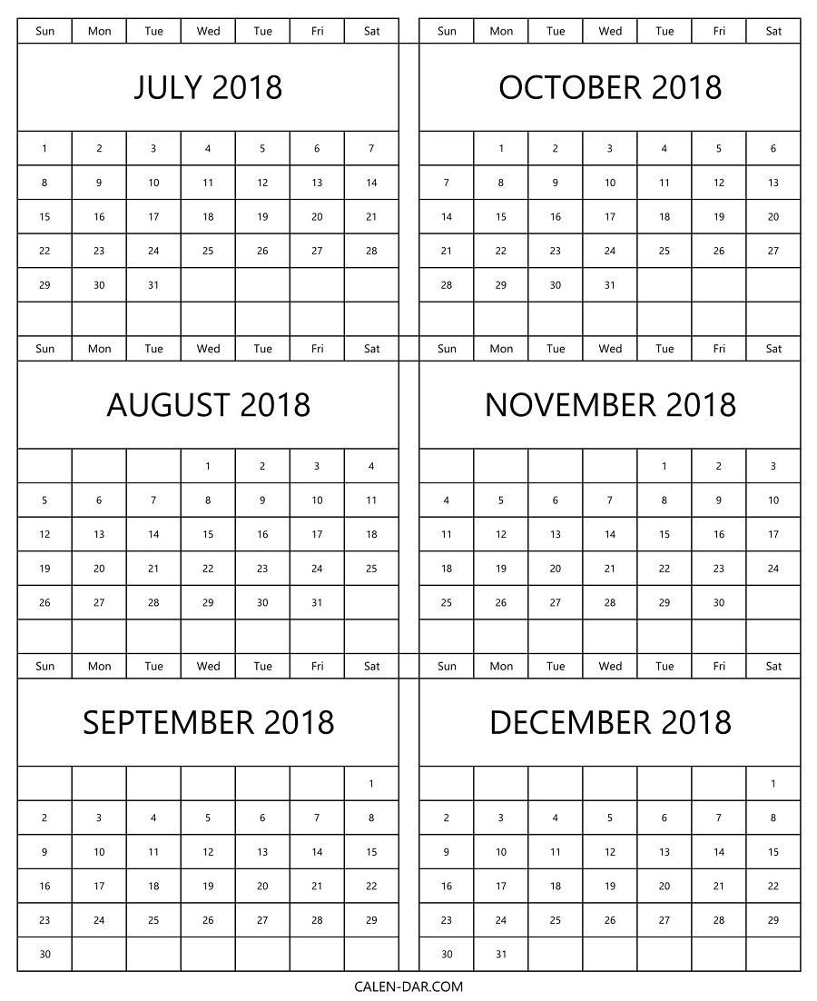 Printable Calendar 2018 August Through December | Printable  August - December