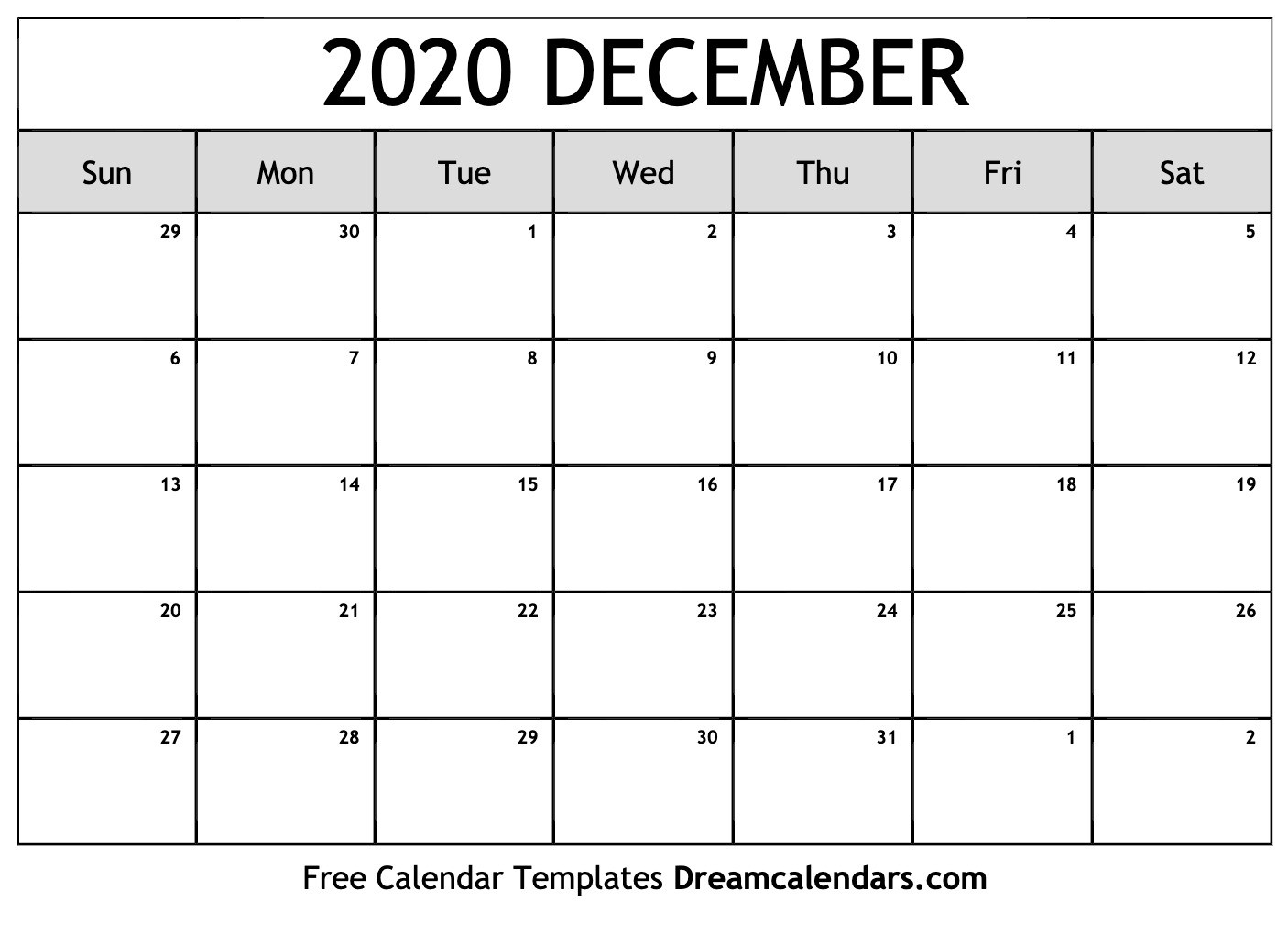 Printable December 2020 Calendar  August-December 2020 Calendar