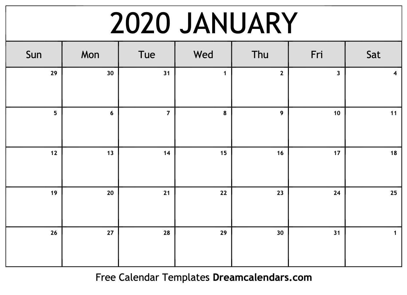 Printable January 2020 Calendar  Full Page Blank Calendar Printable 2020