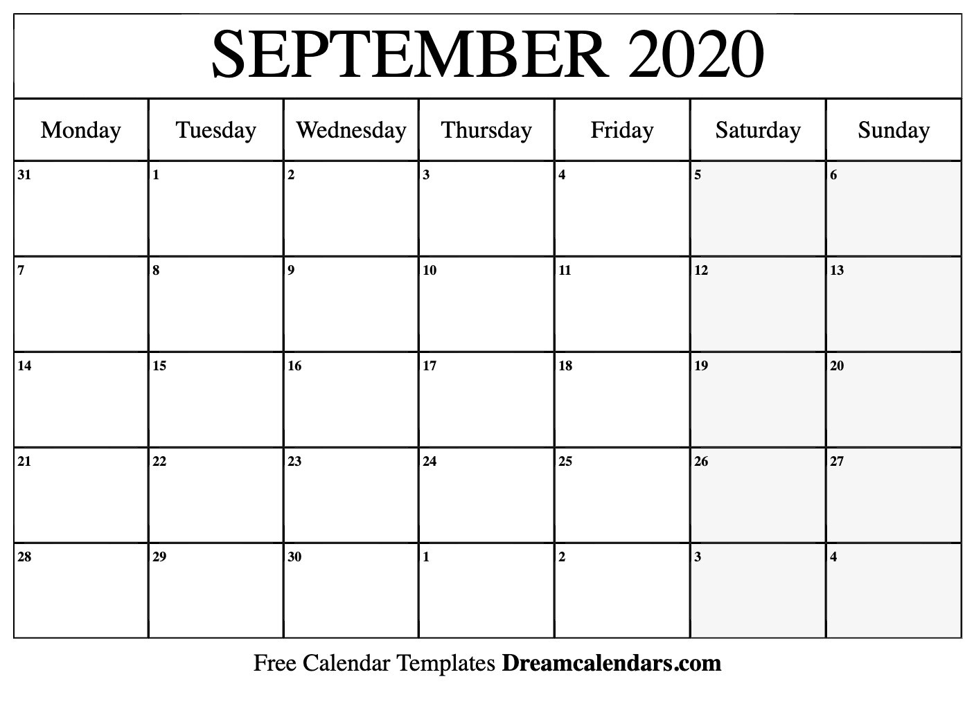 Printable September 2020 Calendar  Blank September Calendar 2020 Monday Through Sunday