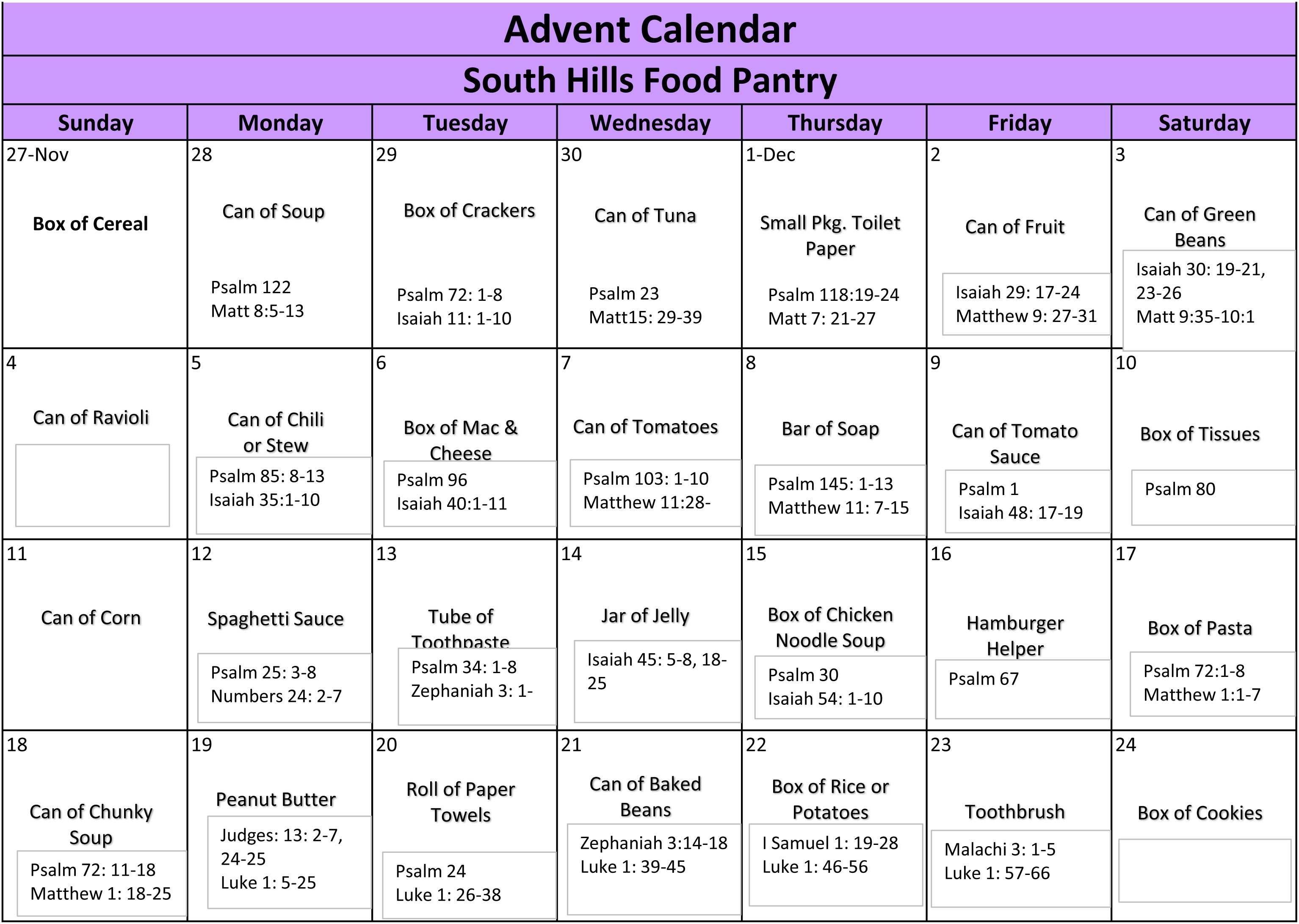 Reverse Advent Calendar | St. Paul&#039;s  Advent Scripture Readings 2020 Calendar