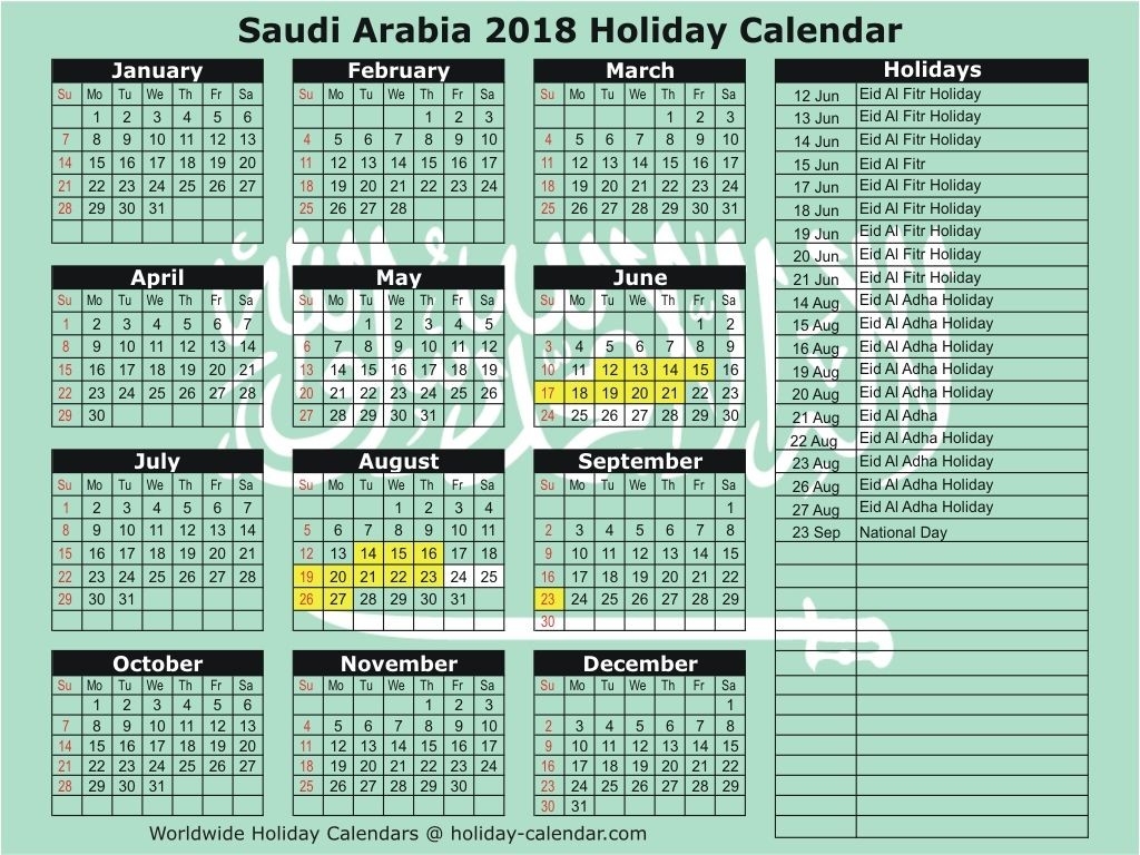 Saudi Arabia 2018 Holiday Calendar | Holiday Dates  Methodist Lectionary Calendar 2020