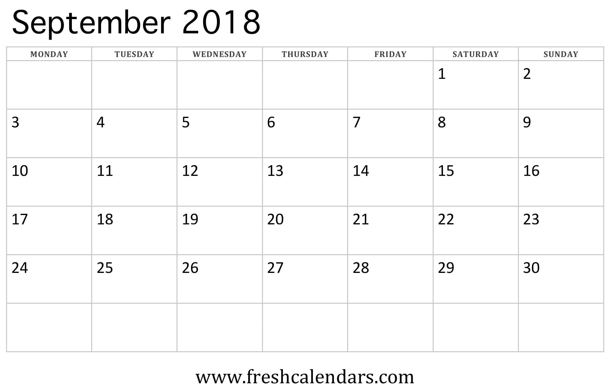 September 2018 Calendar Printable - Fresh Calendars  September Calendar Beginning With Mondays