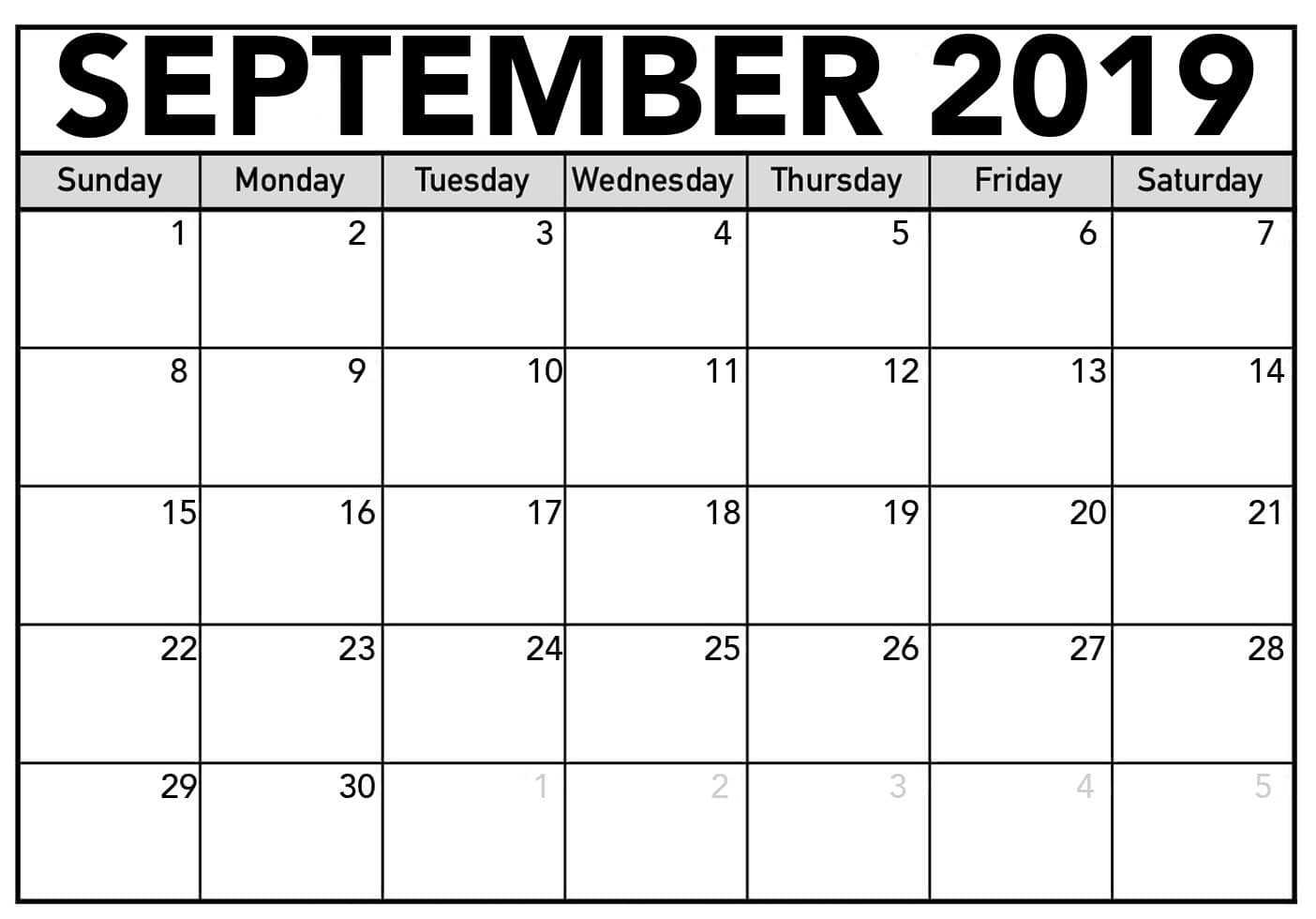 September 2019 Calendar Printable Large Print Sheet - Latest  Full Page Monthly Printable Calendars