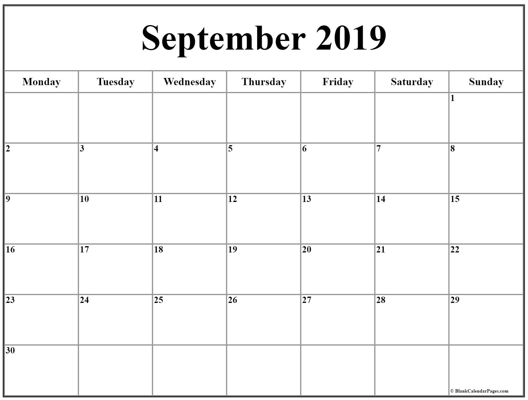September 2019 Monday Calendar | Monday To Sunday  September Calendar Beginning With Mondays