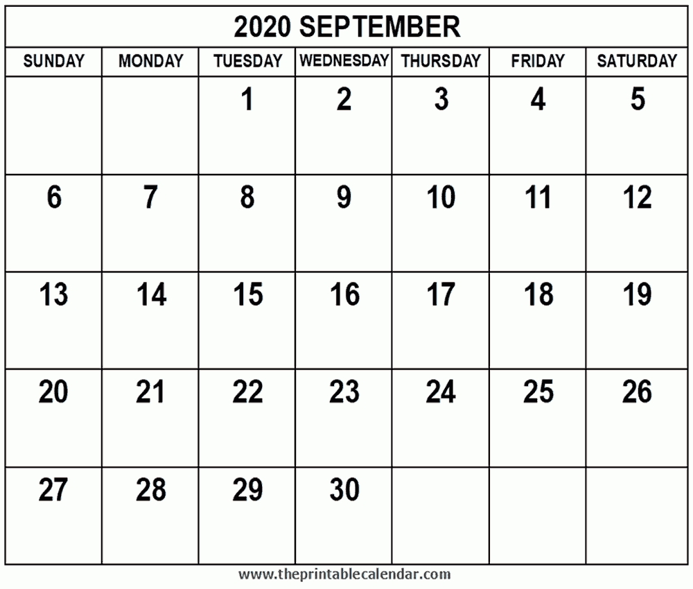 September 2020 Calendar  Full Size September 2020 Calendar Printable