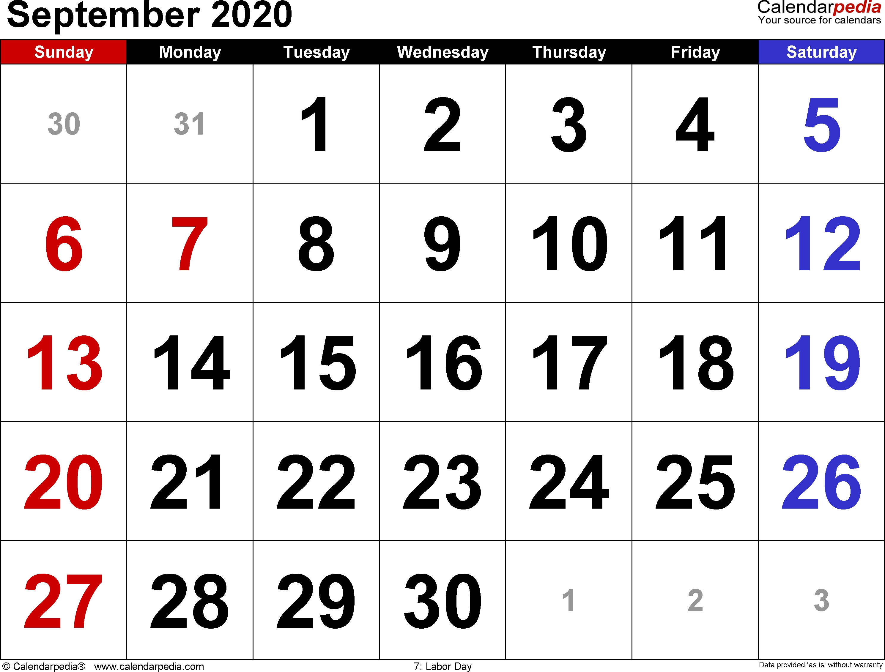 September 2020 Calendars For Word, Excel &amp; Pdf  Full Size September 2020 Calendar Printable