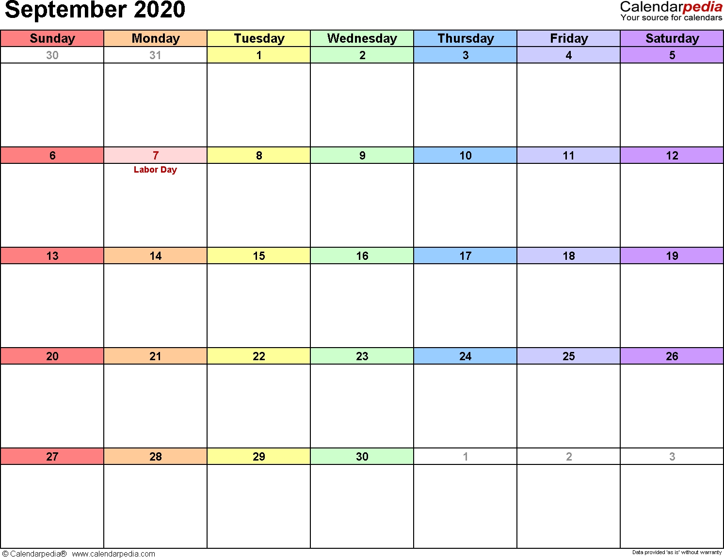 September 2020 Calendars For Word, Excel &amp; Pdf  Printable Full Size Septmeber 2020 Calendar