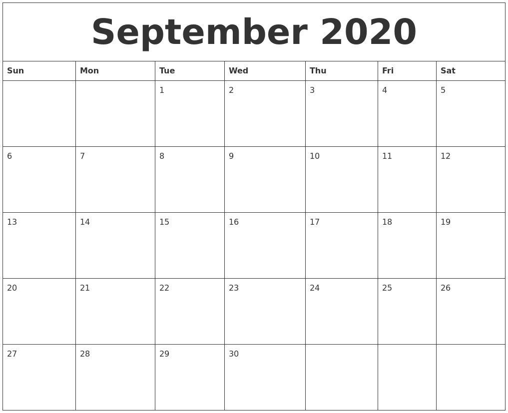 September 2020 Printable Calendar Pages  Full Page September 2020 Calender Page