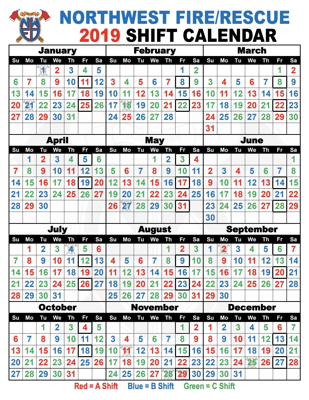 Shift Schedules | Northwest Fire District  Firefighter Calendar 2020 Printable