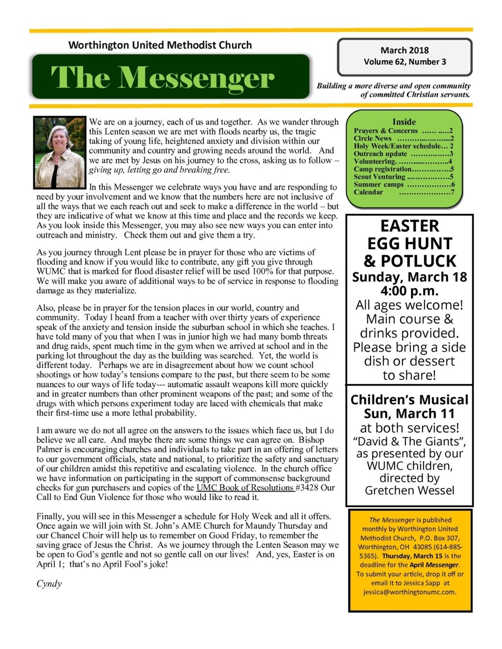 The Messenger, March, 2018 - Worthington United Methodist Church  Unite Methodist Calender - Christian Calender Year Subjects