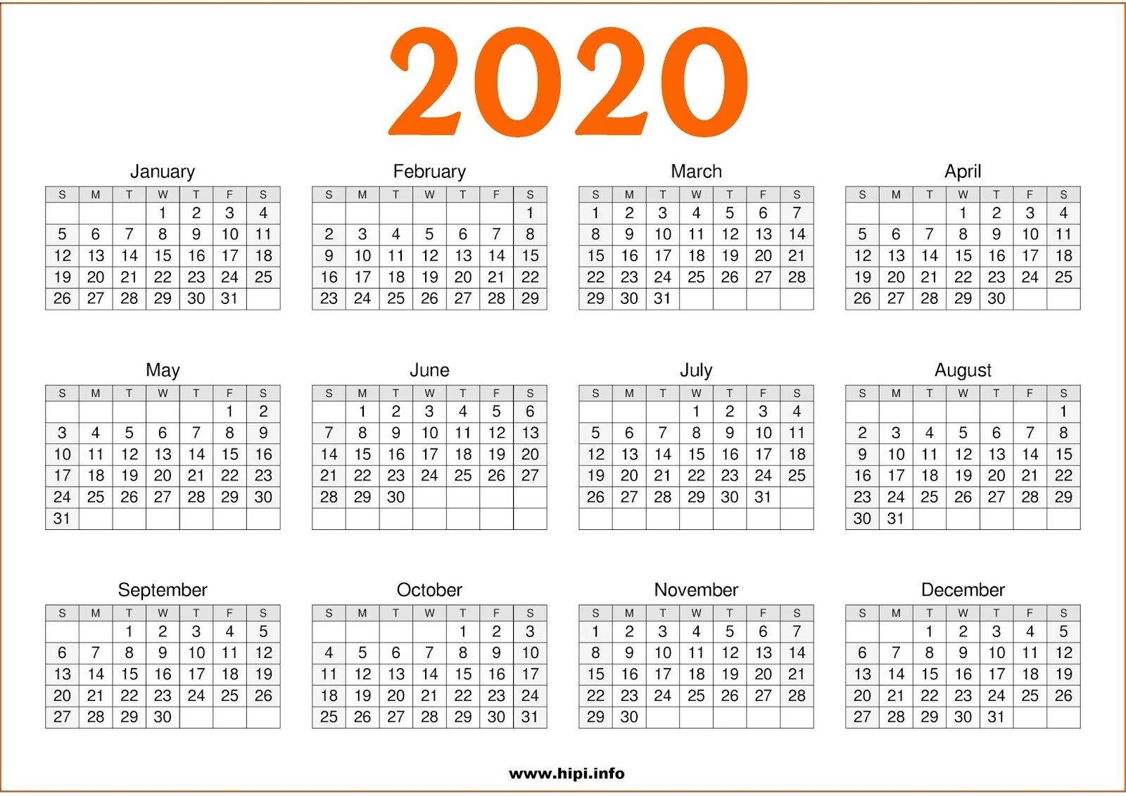Twitter Headers / Facebook Covers / Wallpapers / Calendars  2020 Full Size Calendar Free Printable