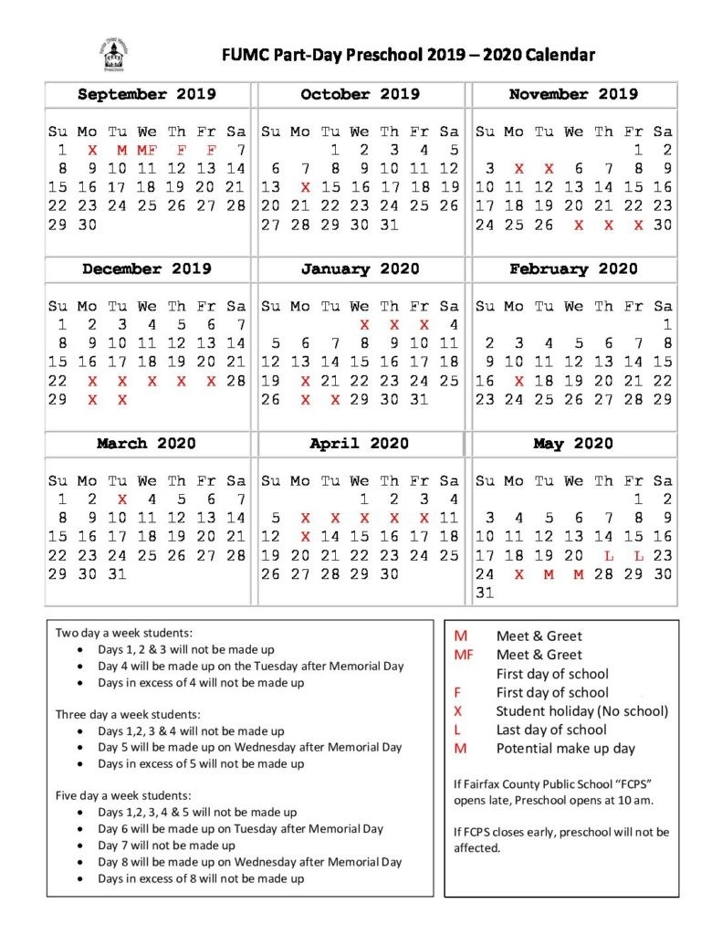 Weekday Preschool – Fairfax United Methodist Church  United Methodist 2020 Calendar