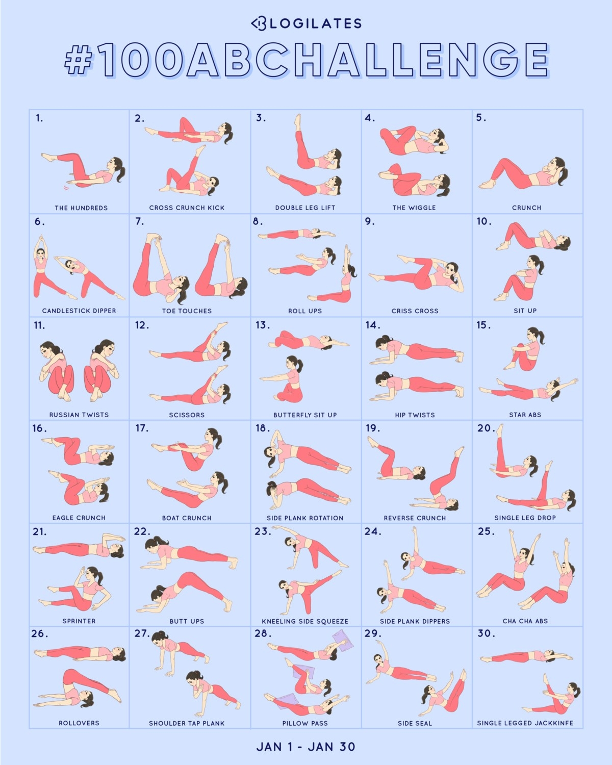 100 Ab Challenge. You In? – Blogilates  Exercise Challenge Printable