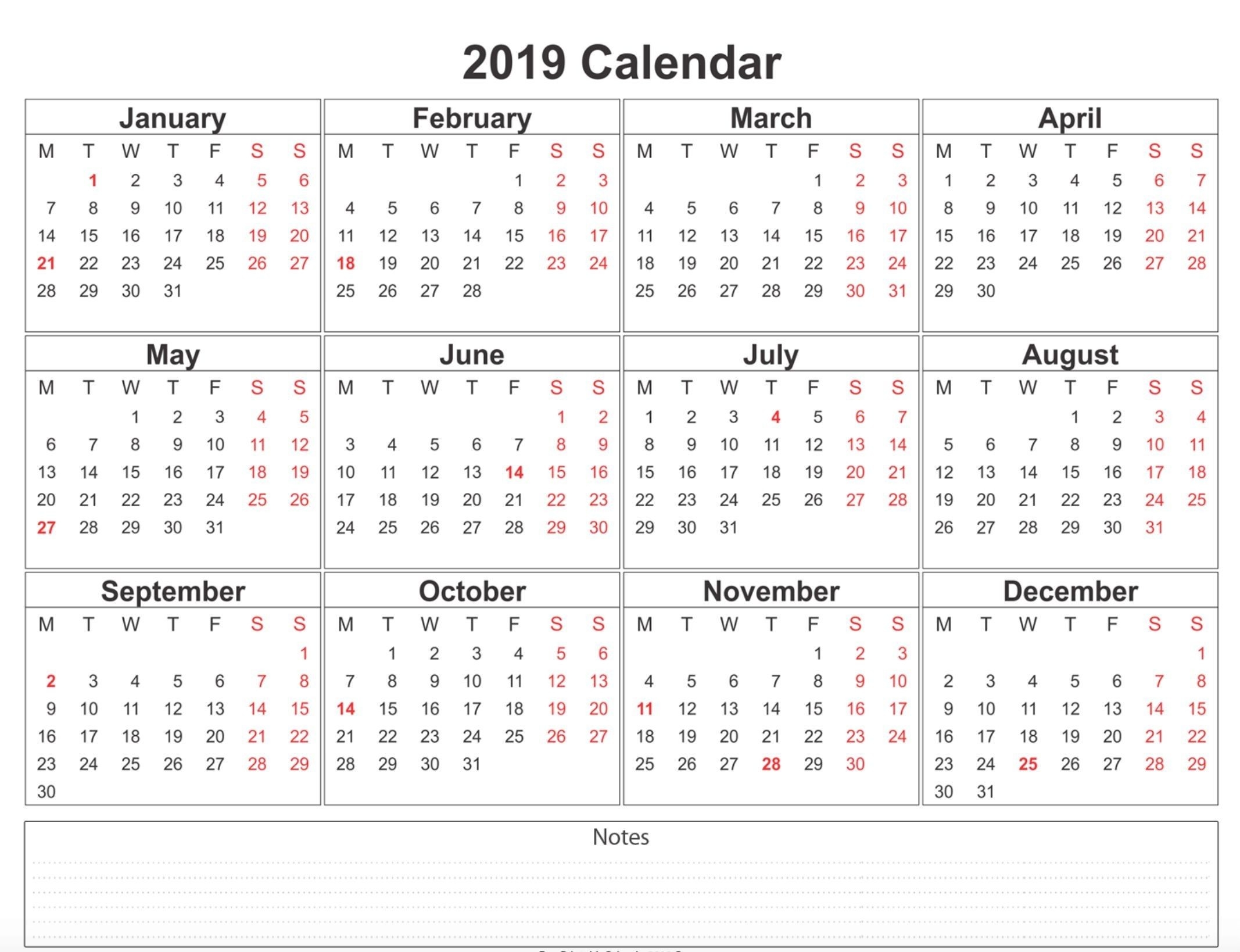 2019 Calendar Printable Free A4 Template | Weekly Calendar  12 Month Calendar Free Printable
