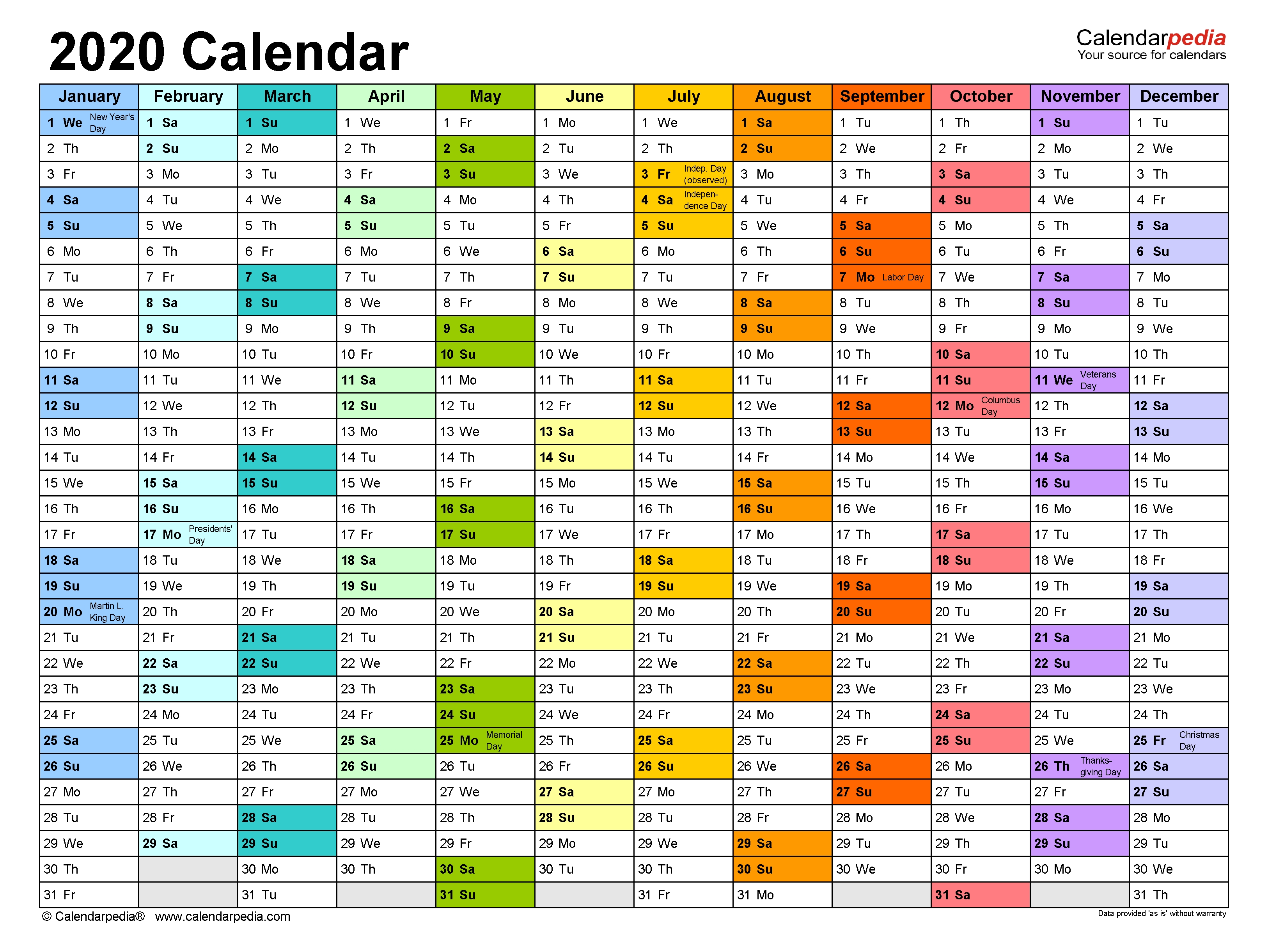 2020 Calendar - Free Printable Microsoft Excel Templates  Excel Year Calendar At Glance