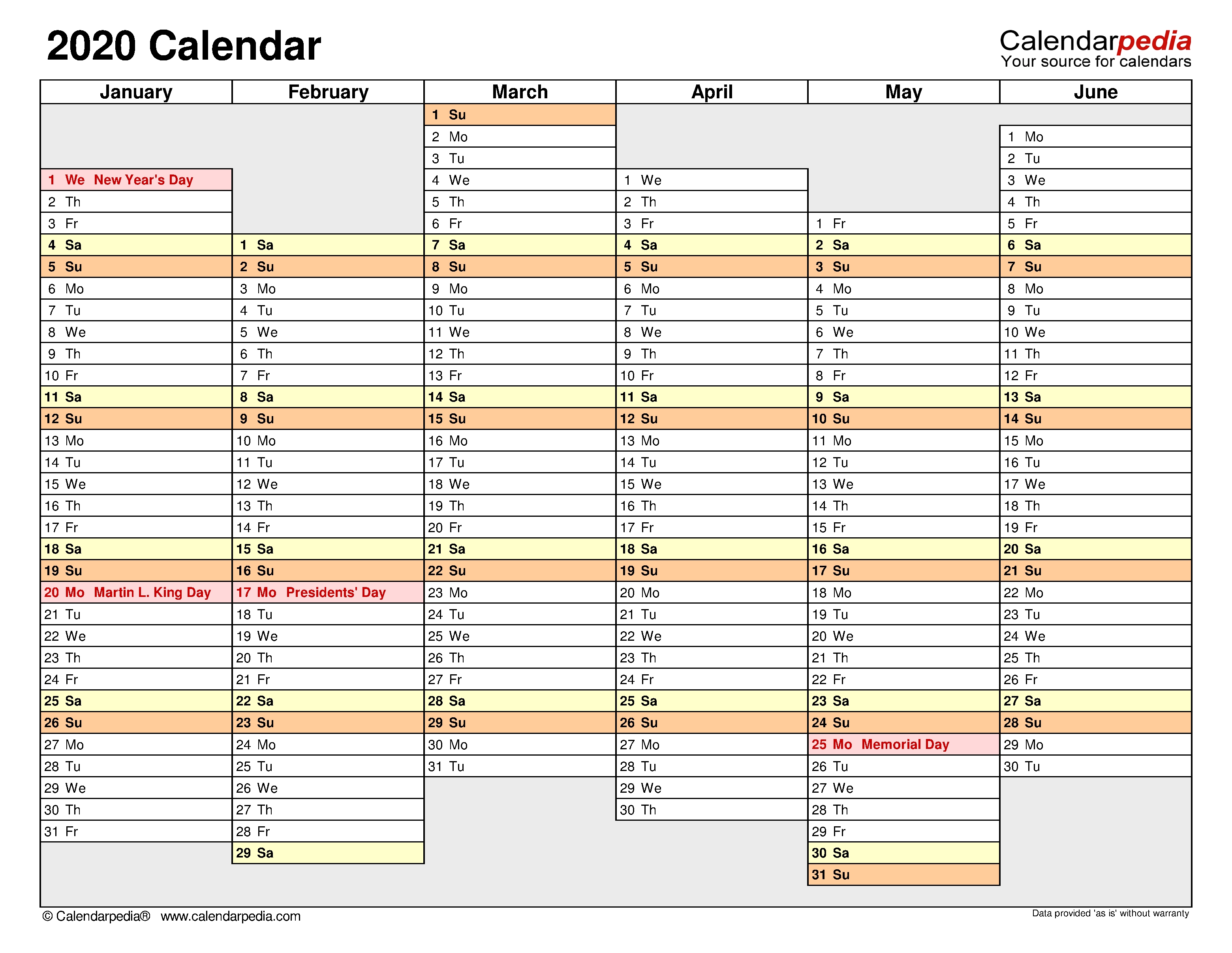 2020 Calendar - Free Printable Microsoft Excel Templates  Yearly Continuous Calendar 2020