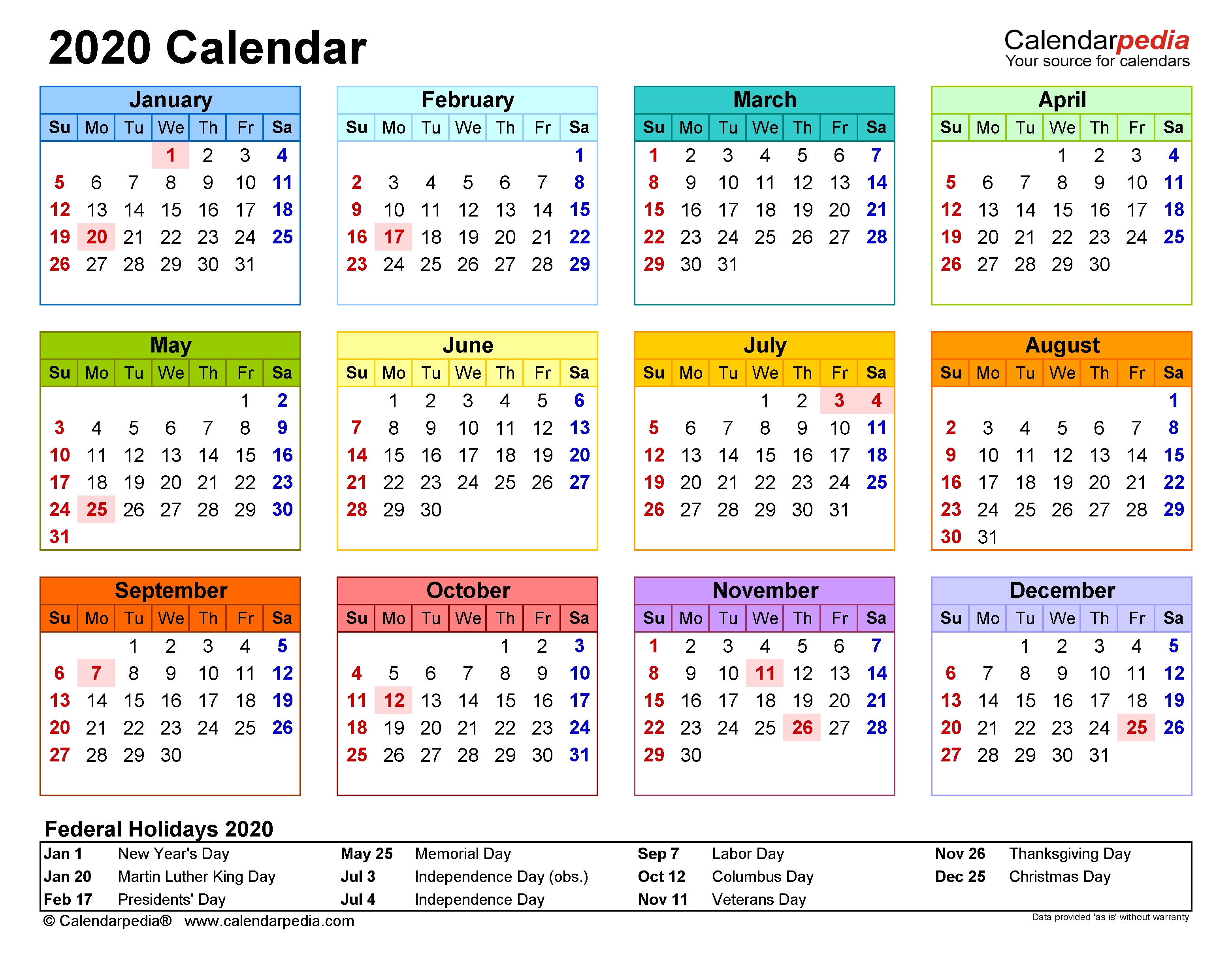 2020 Calendar - Free Printable Microsoft Word Templates  2020 Calendar Printable Calendarpedia