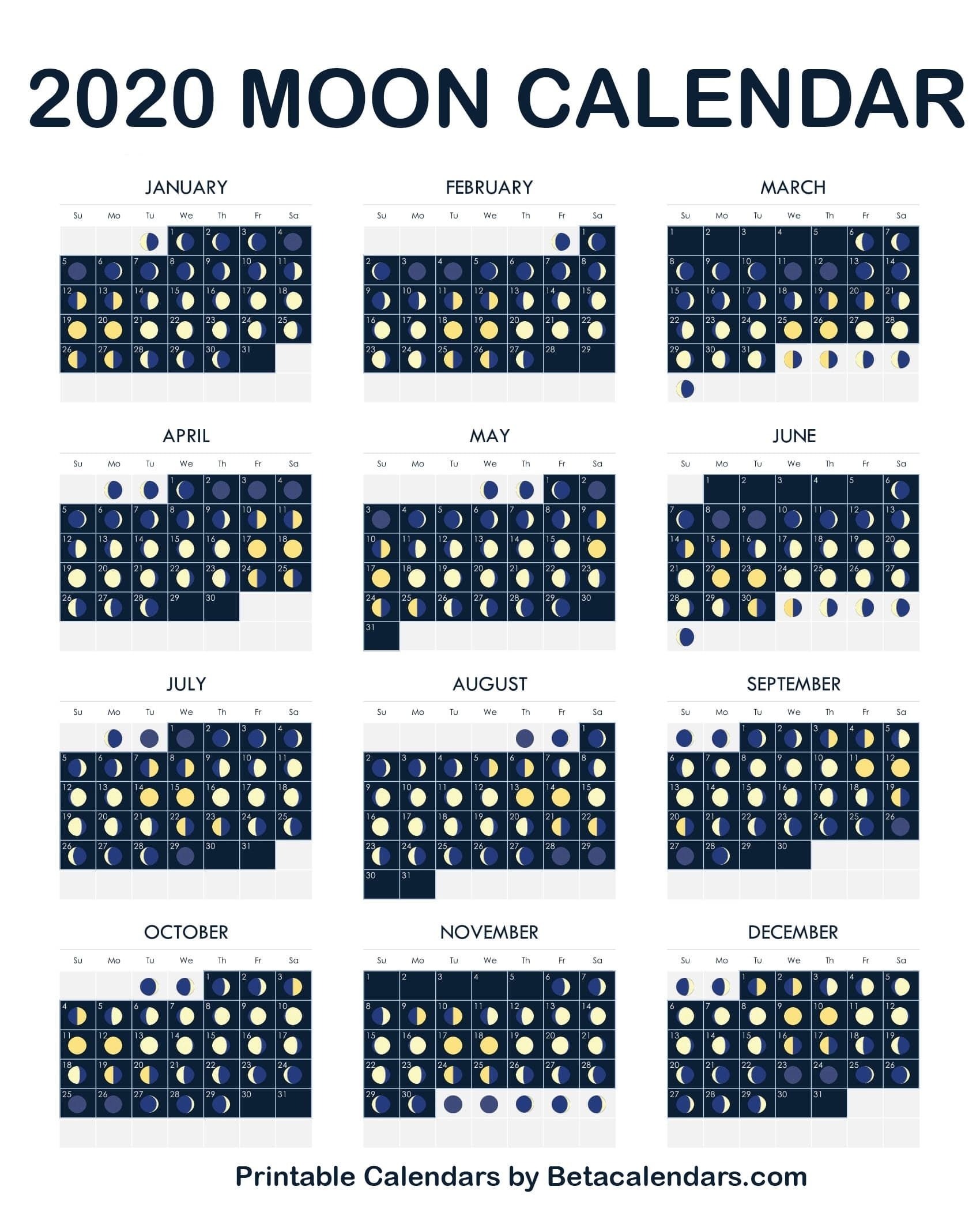 2020 Calendar - Free Printable Yearly Calendar 2020 | Moon  Solar Lunar Calendar 2020