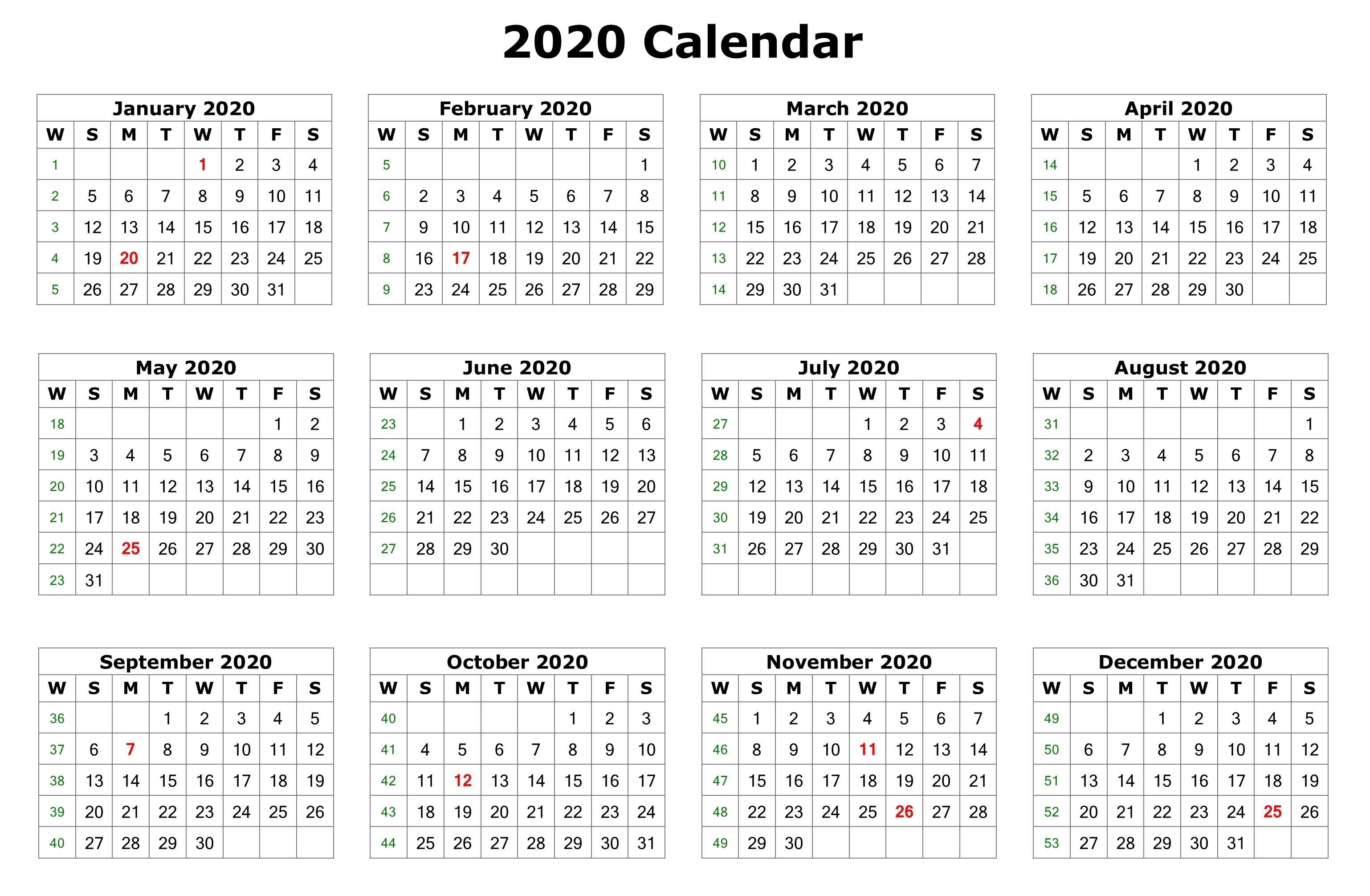 2020 One Page Calendar Printable | Calendar Printables  2020 Calendar Printable One Page