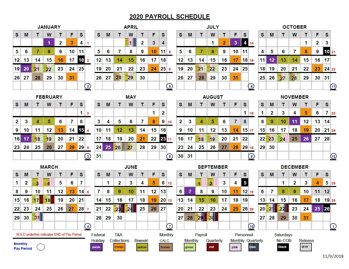 2020 Pay Periods Calendar  2020 Federal Payroll Calendar Printable