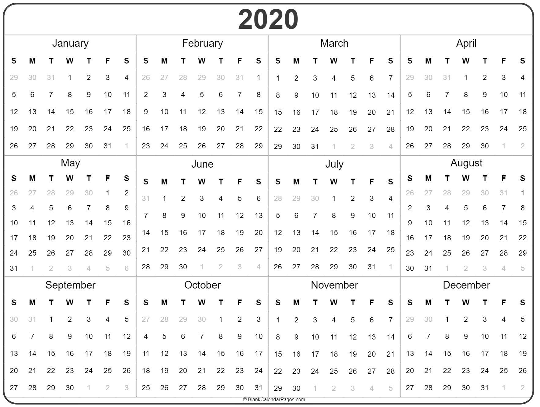2020 Year Calendar | Yearly Printable  2020 Calendar Year Printable
