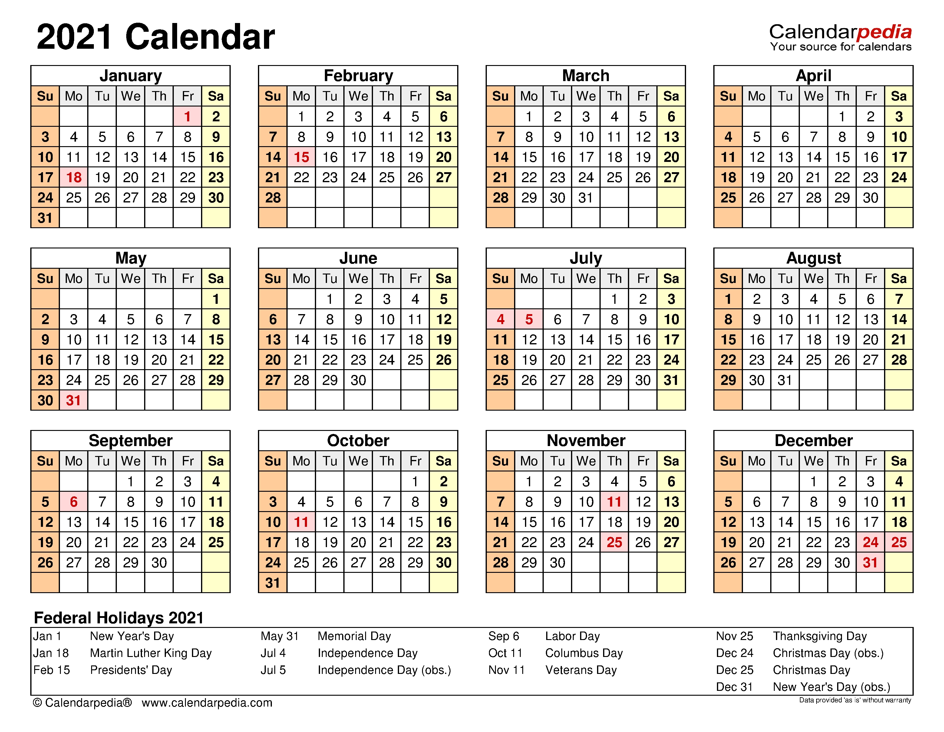 2021 Calendar - Free Printable Microsoft Excel Templates  Excel Year Calendar At Glance