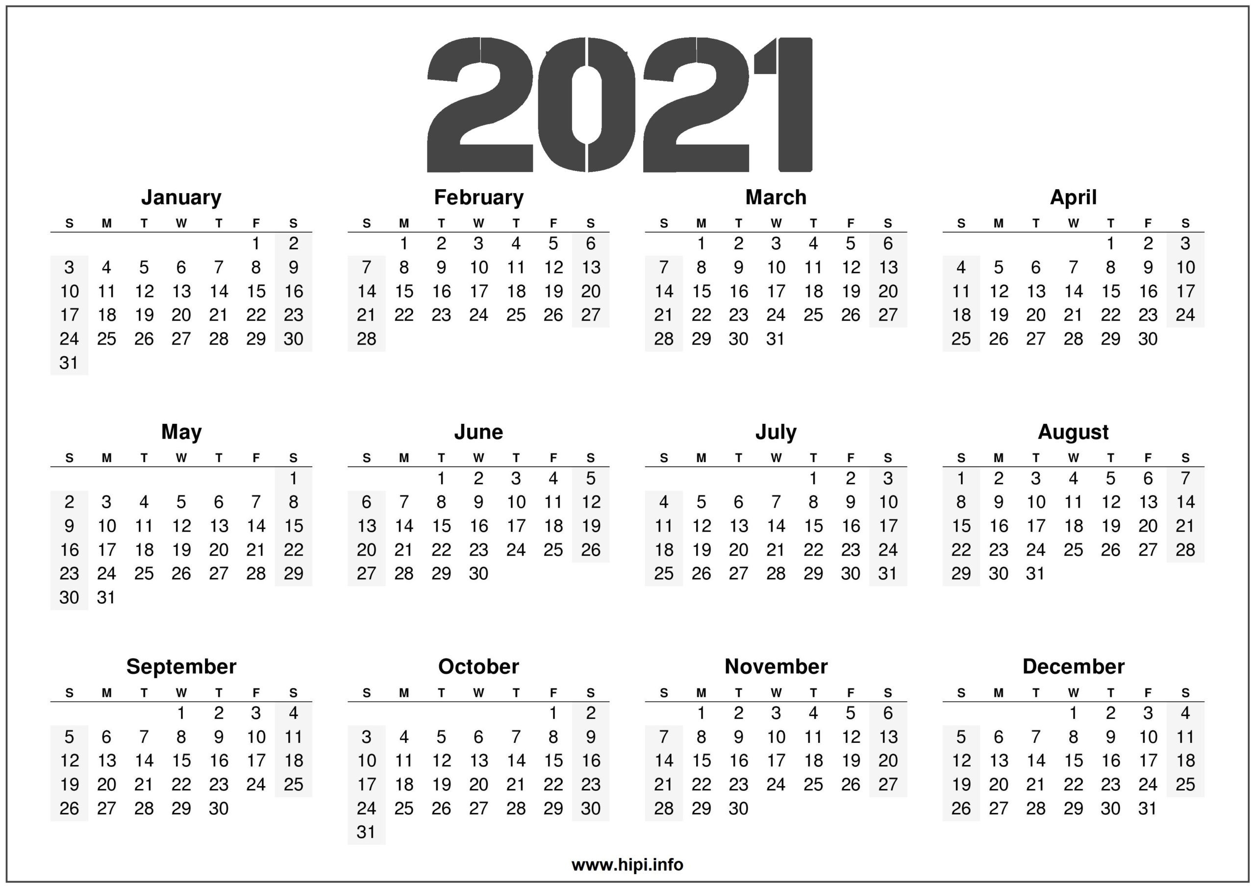 2021 Printable 12 Month Calendar Templates - Hipi  12 Month Calendar 2021 Printable