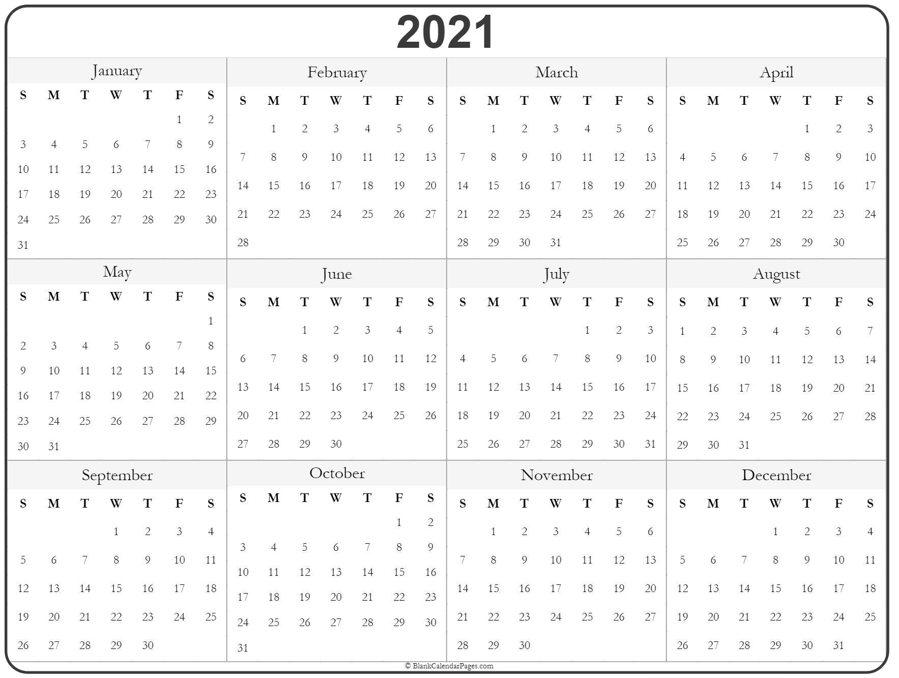 2021 Year Calendar | Yearly Printable  2021 Printable Calendar Free Full Page