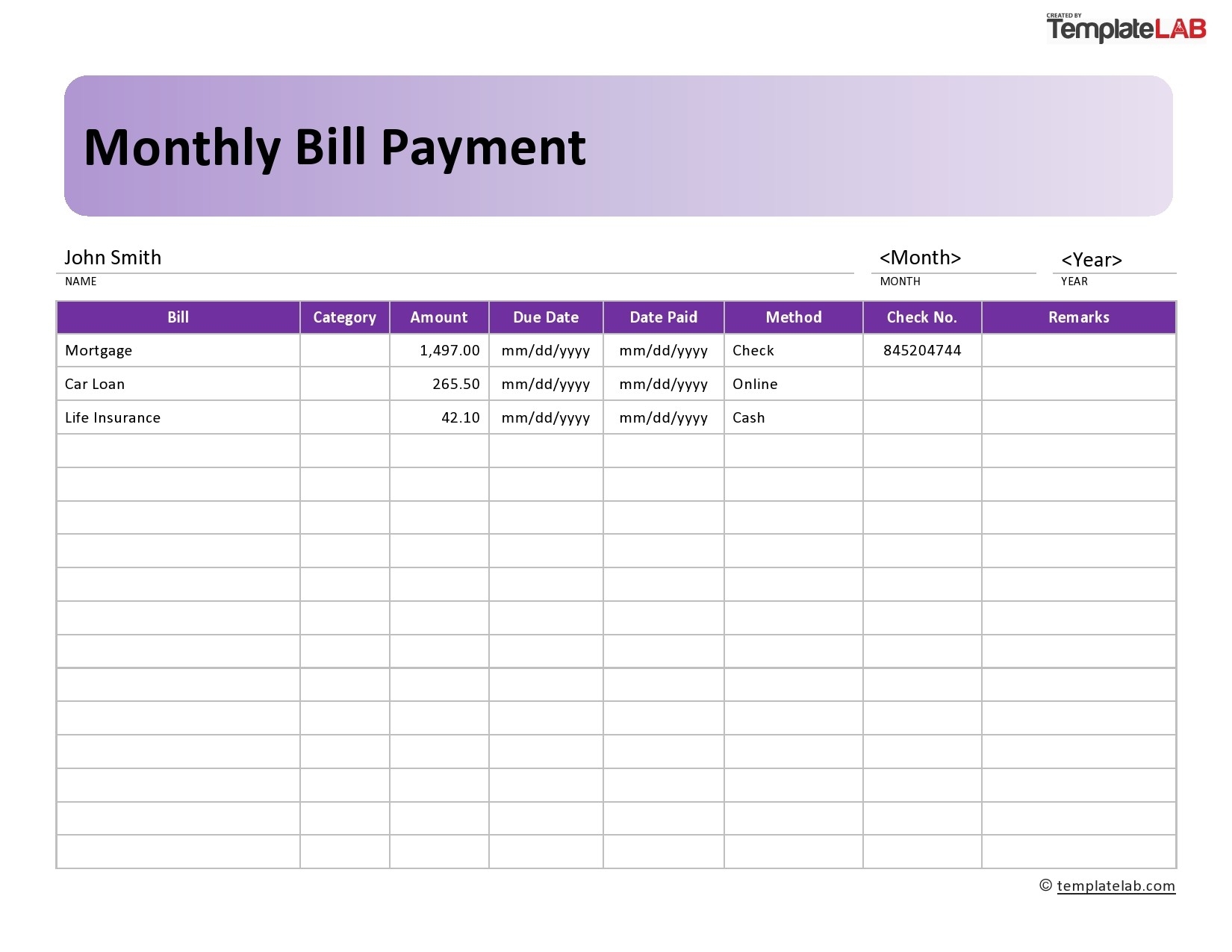 Fillable Monthly Bill Payment Template Template Calendar Design