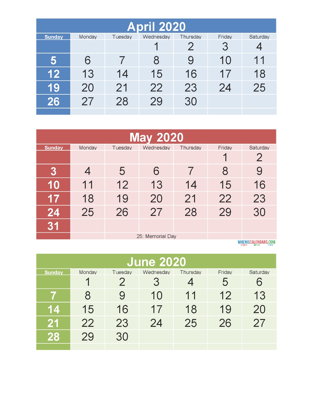 April May June 2020 Calendar 3 Months Per Page Printable  2020 Calendar Template Free 3 Months Per Page
