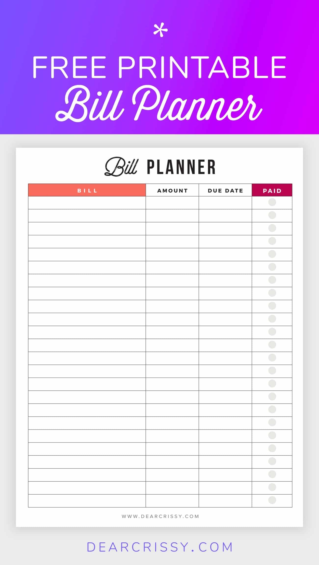 Printable Monthly Bill Pay Template Calendar Design