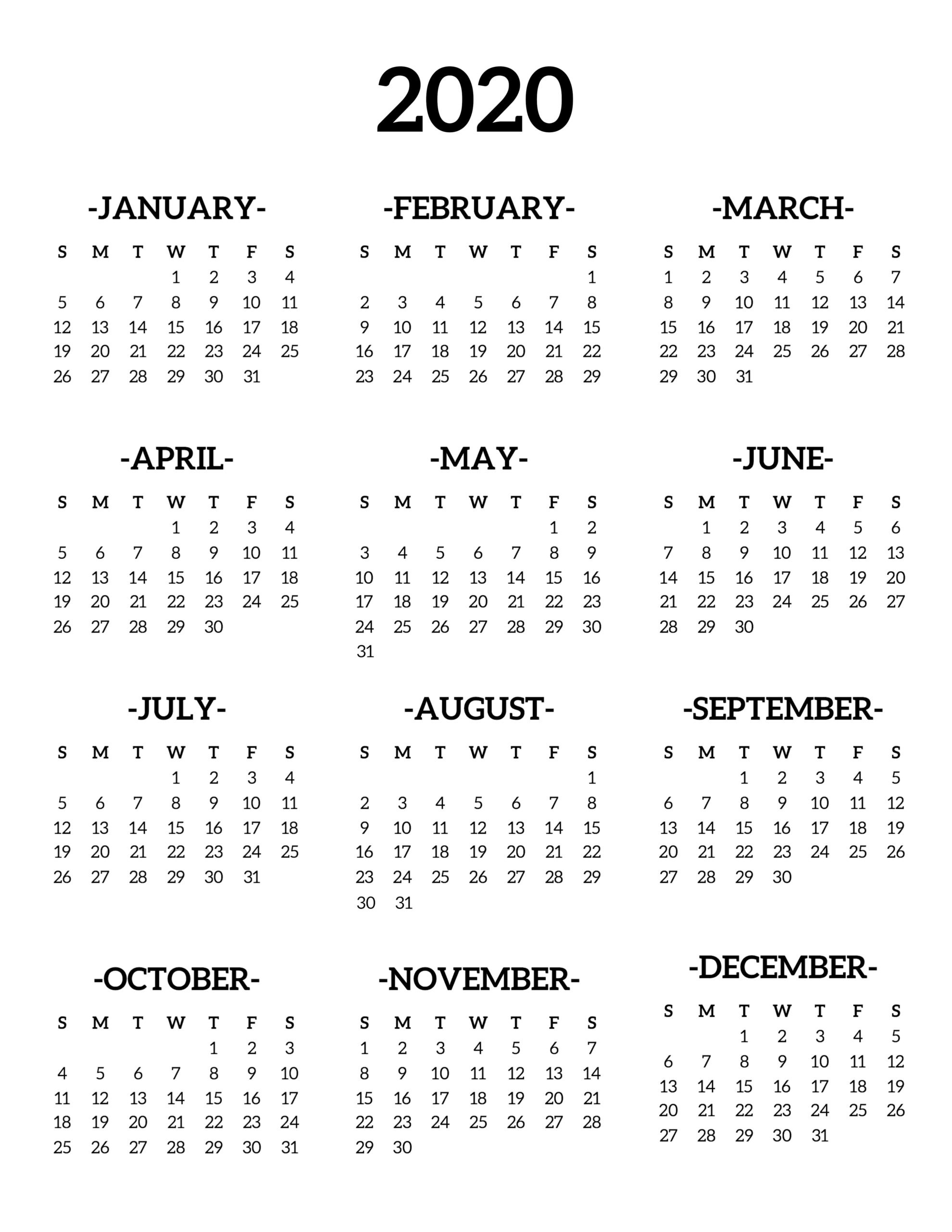 Calendar 2020 Printable One Page - Paper Trail Design  2020 Calendar Year Printable