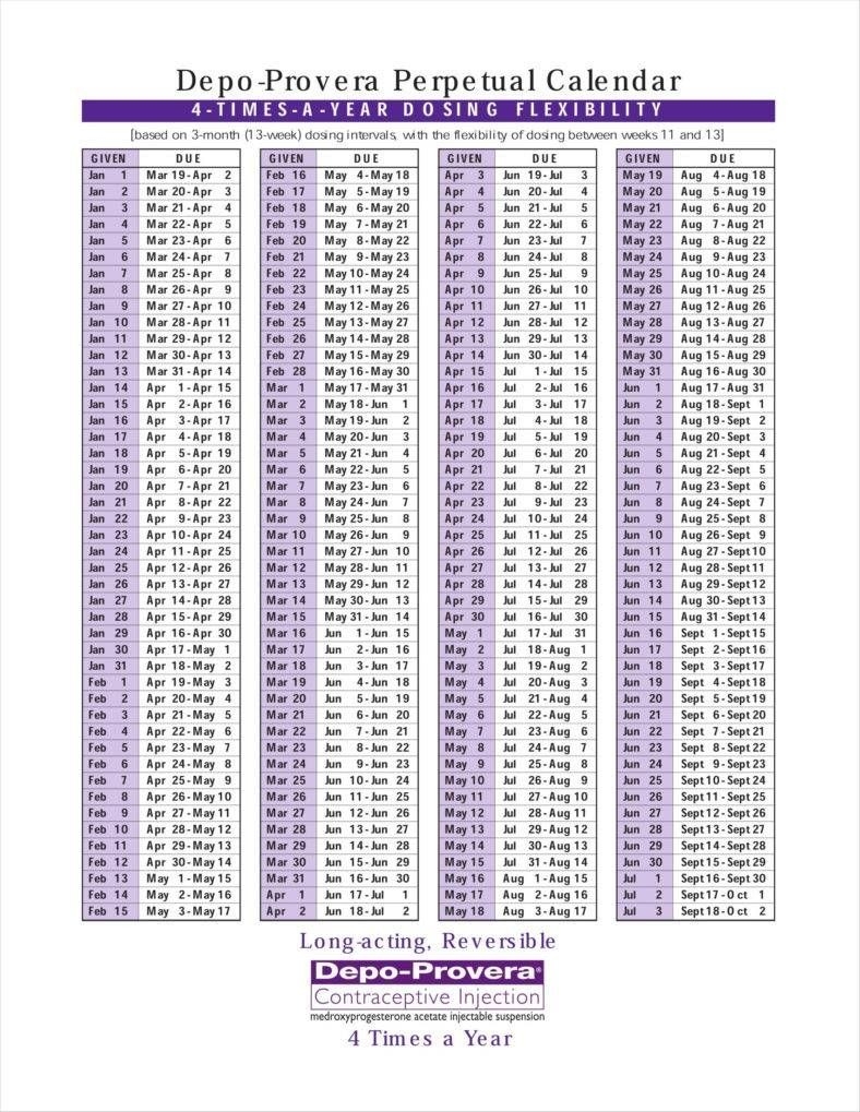Calendar Birth Control Chart - Koskin  Depo Provera Injections Calendar