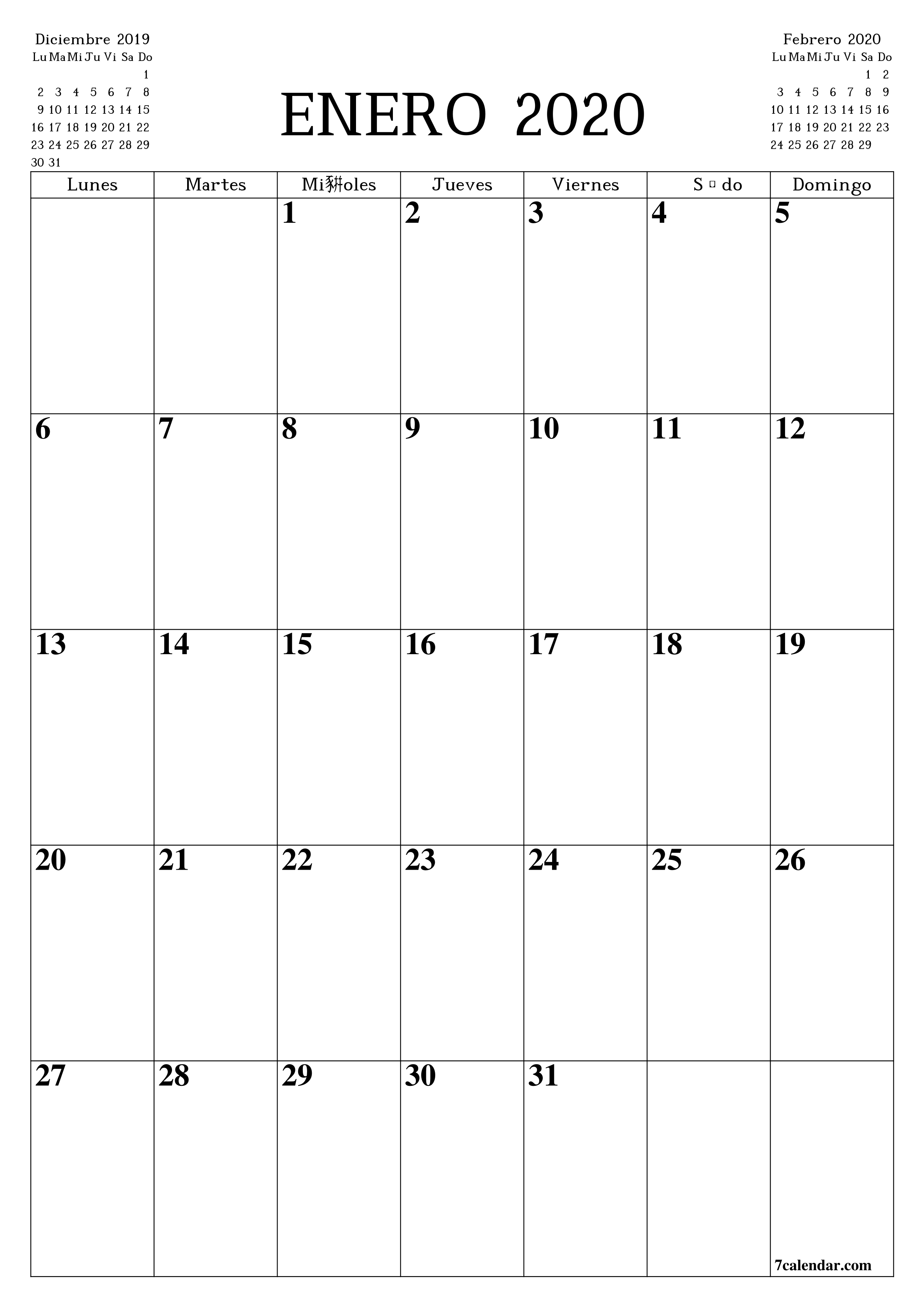 Calendario Y Planificador Mensual En Blanco Para Imprimir  Calendario 2020 Mensual Para Imprimir Gratis Febrero