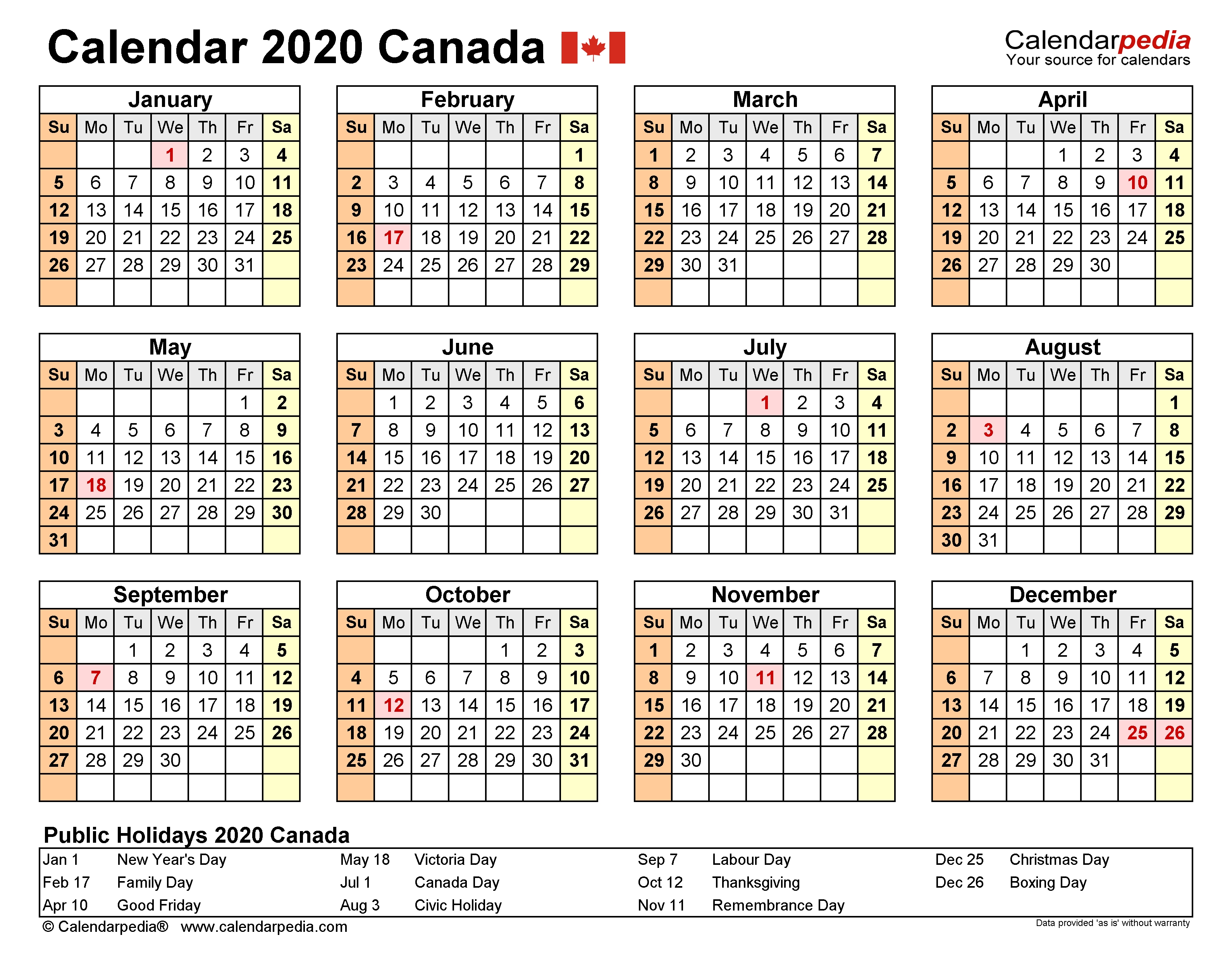 Canada Calendar 2020 - Free Printable Excel Templates  Excel Year Calendar At Glance