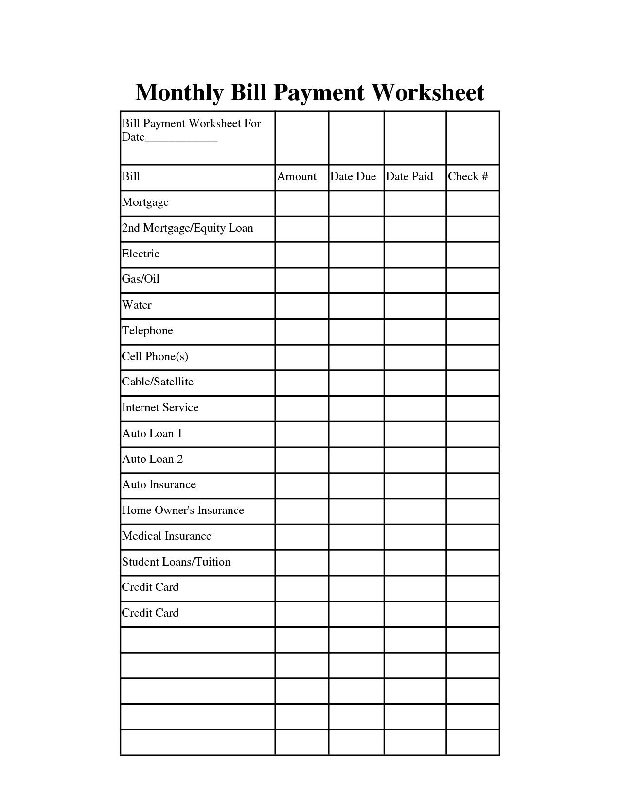 Collect Blank Monthly Bill Payment Worksheet | Monthly Bill  Free Printable Bill Pay Worksheet