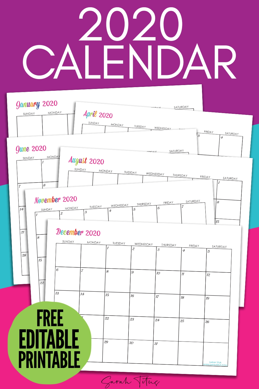 Custom Editable 2020 Free Printable Calendars - Sarah Titus  Free Editable 2020 Monthly Calendars With Notes