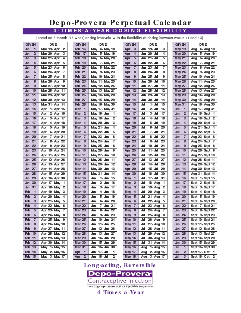 Depo Provera Injectino Schedule Template Calendar Design