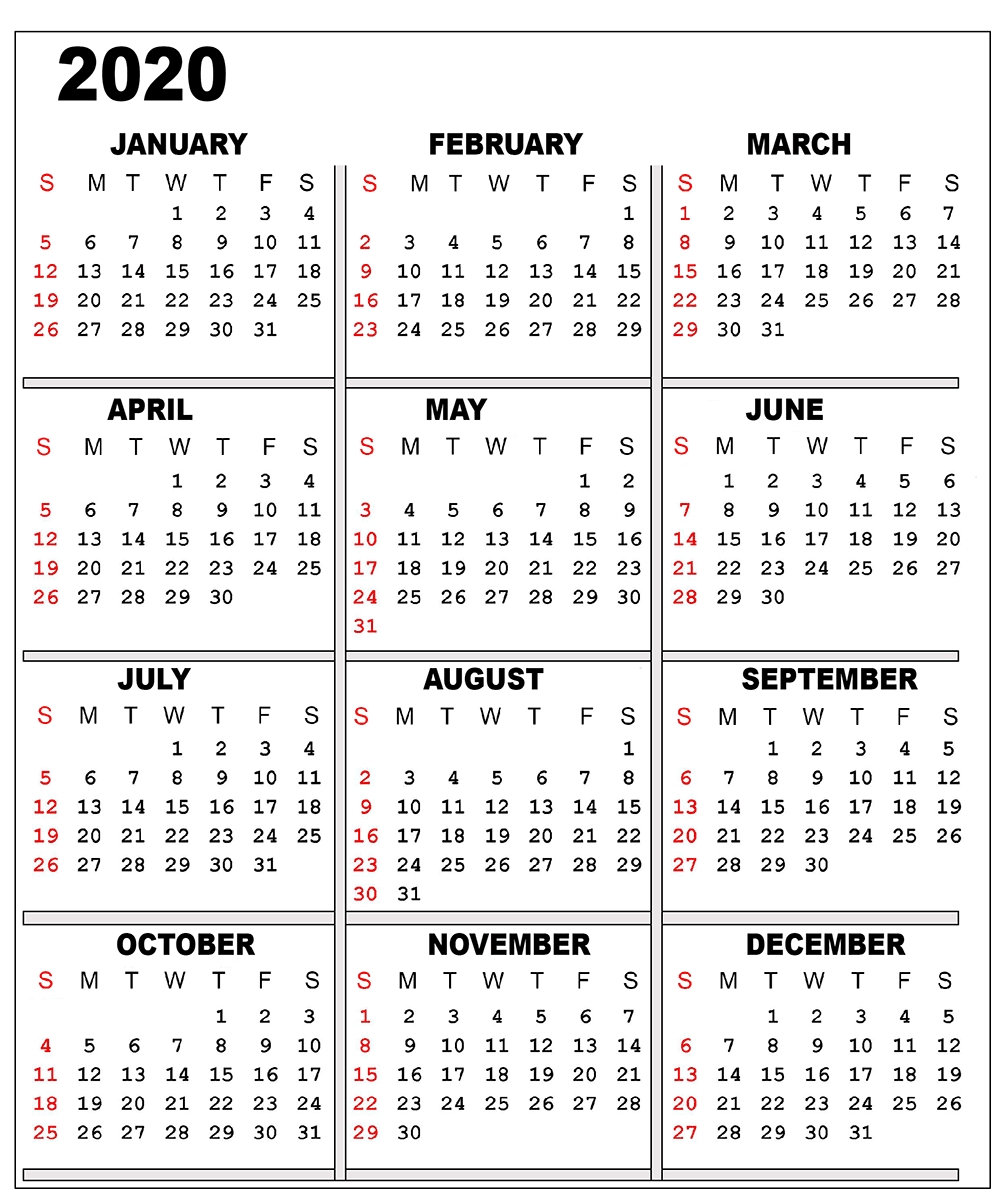 ❤️free 2020 One Page Calendar Printable Templates  2020 Calendar Printable One Page
