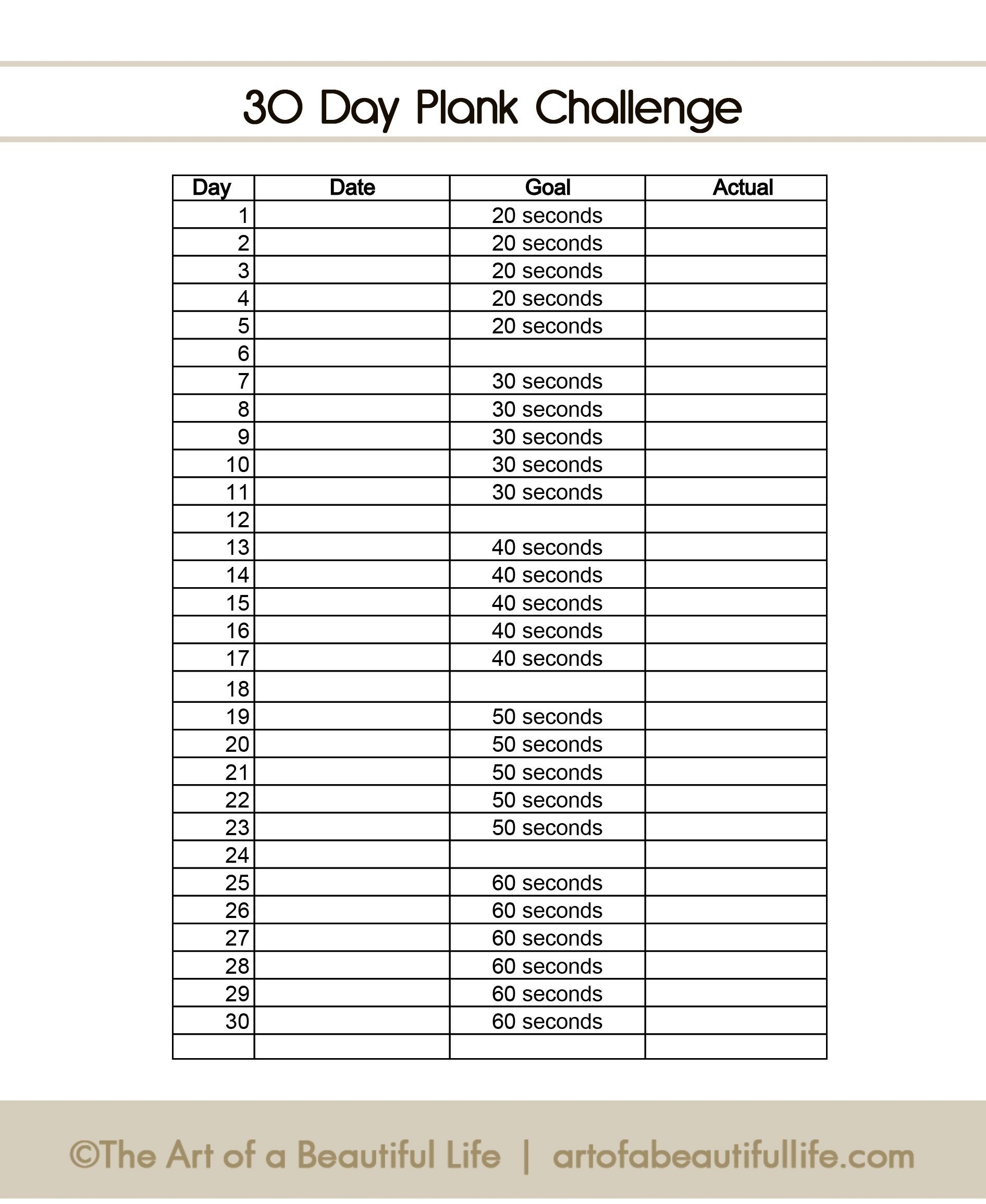 30 Day Beginner Plank Challenge Printable Pdf Template Calendar Design