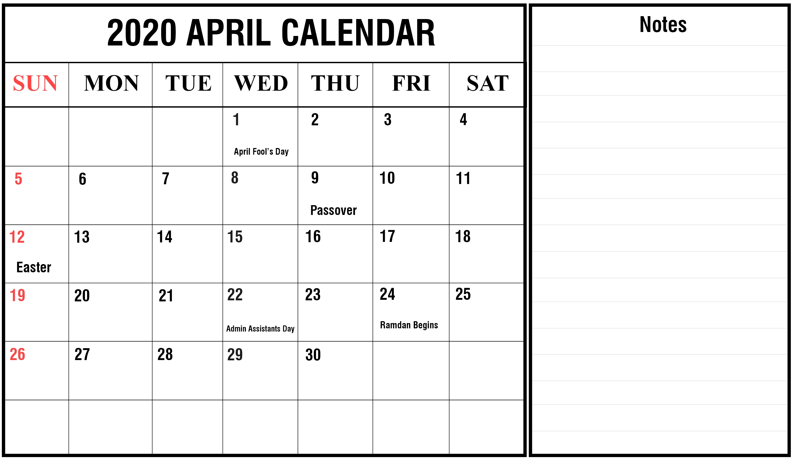 Editable April 2020 Calendar Template Blank Printable Word Notes  Free Editable 2020 Monthly Calendars With Notes
