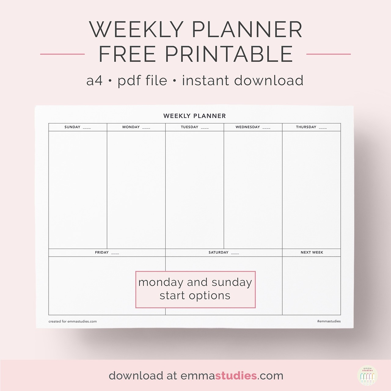 Emma&#039;s Studyblr — Undated Weekly Planner Free Printable A  Printable Monday To Sunday Weekly Planner