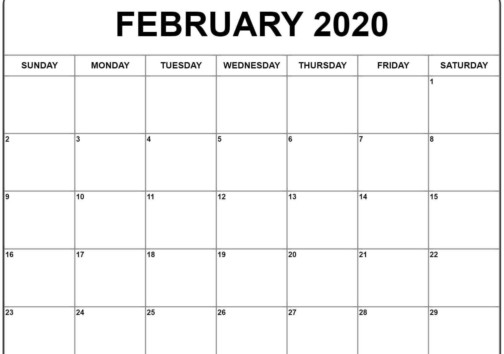 February 2020 Calendar Pdf, Word, Excel Printable Template  Printable February 2020 Calendar