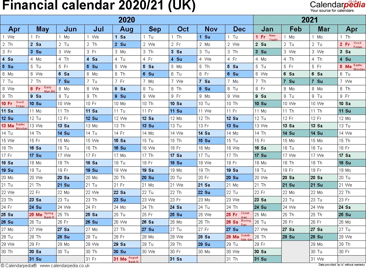Financial Calendars 2020/21 (Uk) In Microsoft Excel Format  Calendar Last Financial Year