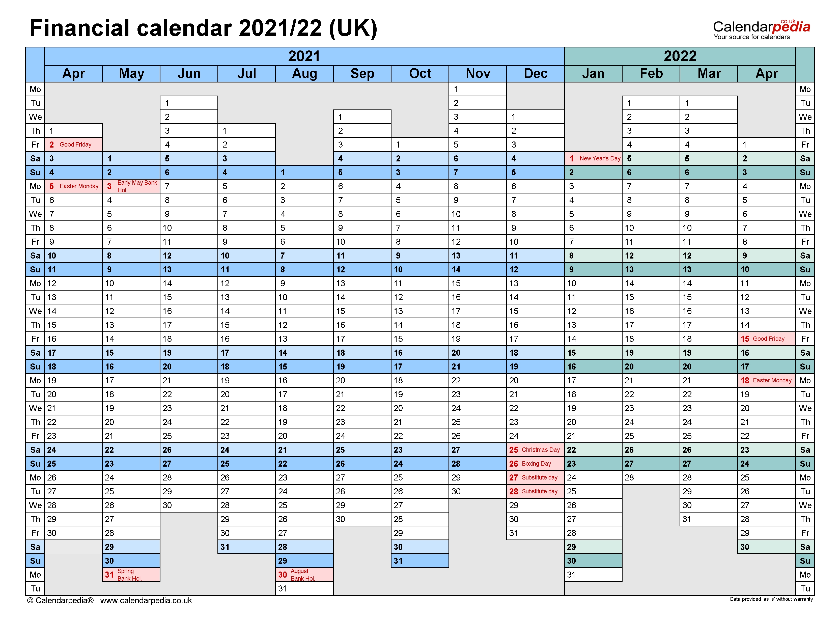 Financial Calendars 2021/22 (Uk) In Microsoft Word Format  2021/19 Financial Year Calendar Australia