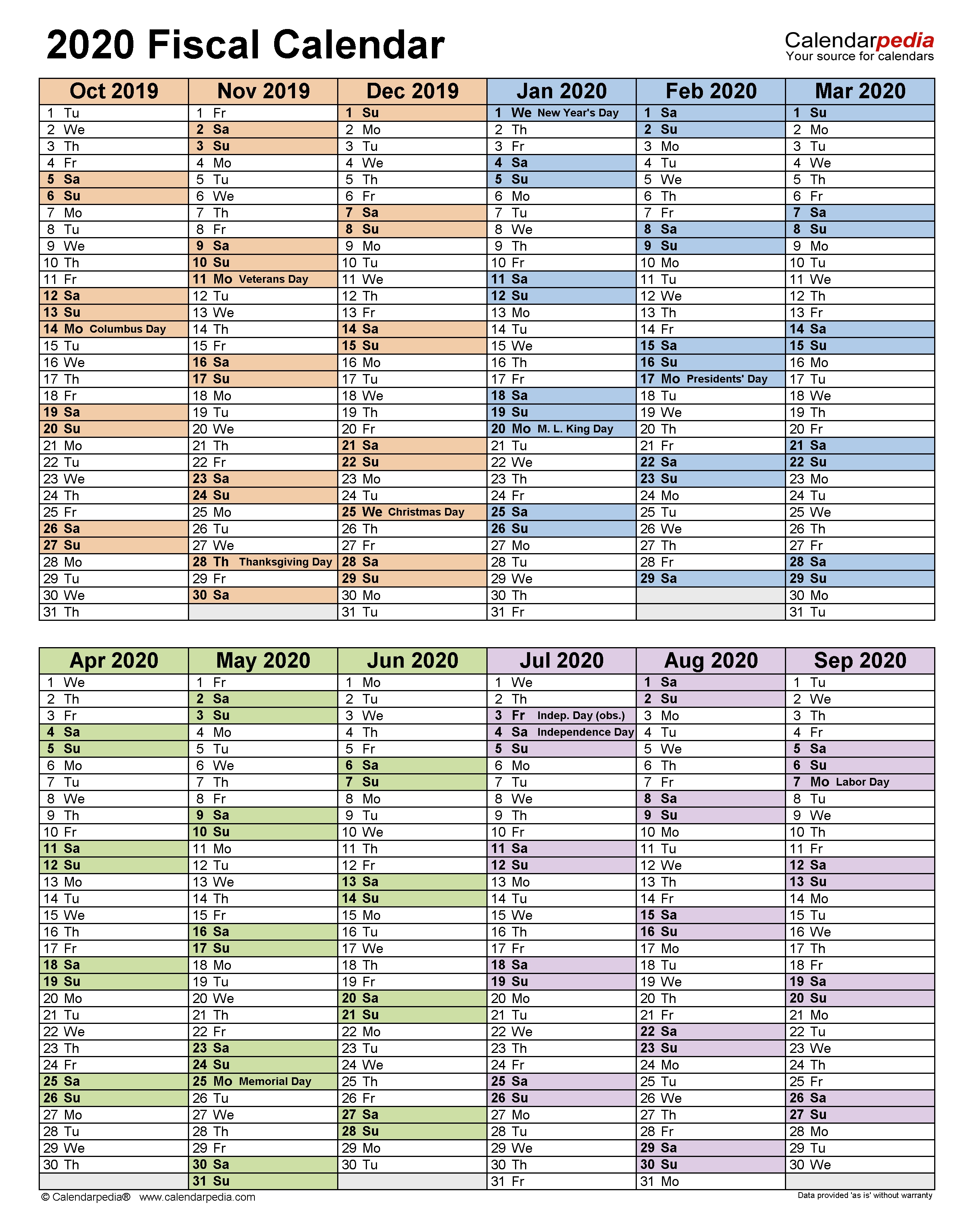 Fiscal Calendars 2020 - Free Printable Pdf Templates  Financial Year 18-19 Dates